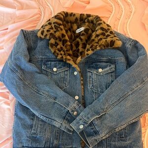 Adika Blue Jean Jacket with Leopard Print Collar
